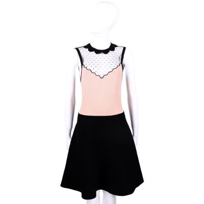 RED VALENTINO 網狀蕾絲拼接設計無袖洋裝(粉x黑色)