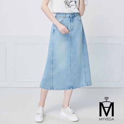 MYVEGA麥雪爾 MA多剪裁刷色牛仔丹寧八分裙-淺藍