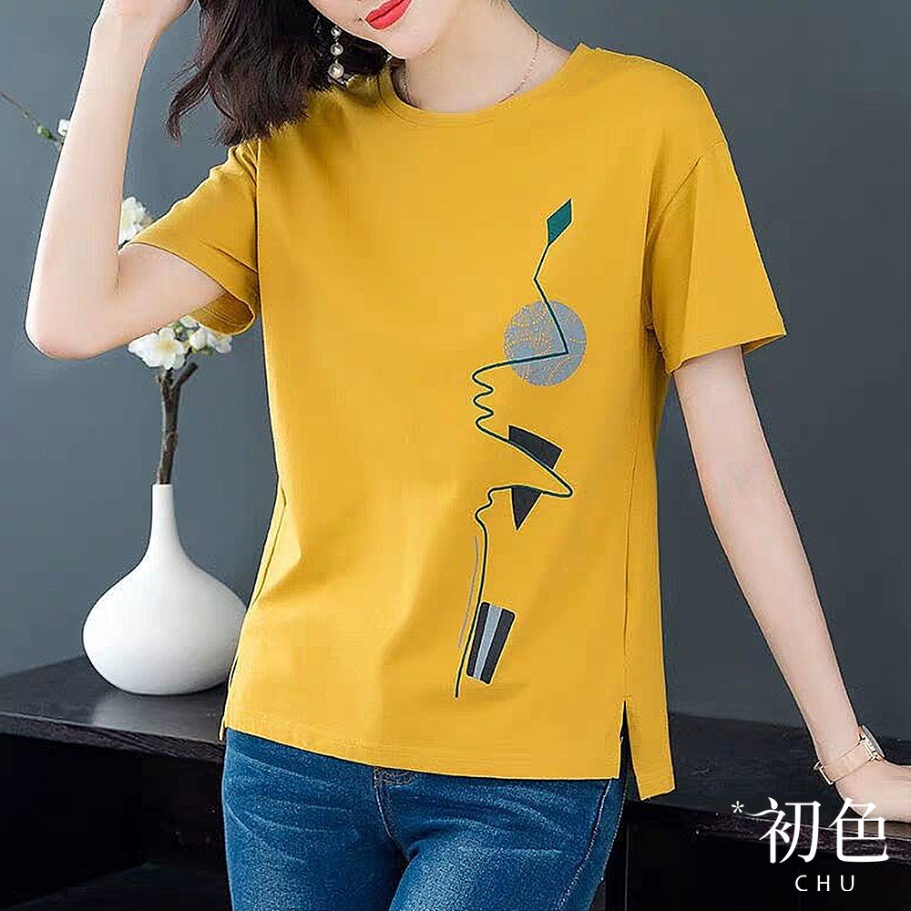 初色  純色V領翻領圓領印花長袖T恤女上衣-5款任選-31548 (M-2XL可選) (D.)