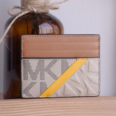 MICHAEL KORS COOPER 浮雕LOGO印花拼接款簡易隨身卡夾(淺褐/棕色)