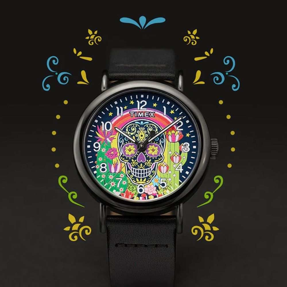 TIMEX  天美時 Weekender 40 毫米 墨西哥 亡靈節 皮革錶帶腕錶(黑 TXTW2Y15900)