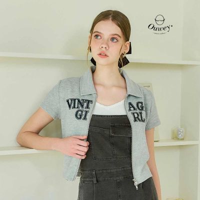 OUWEY歐薇 復古女孩刺繡拉鍊短版上衣(灰；S-L)
