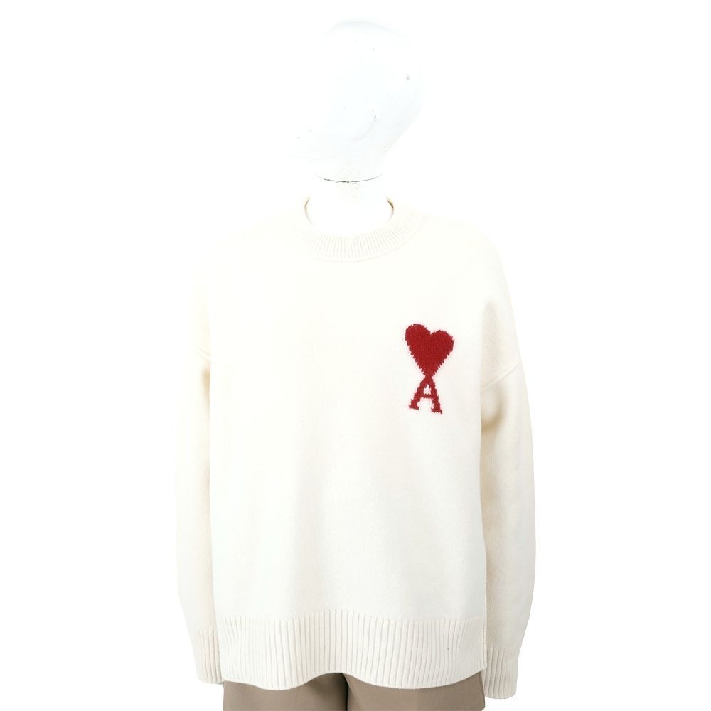 AMI PARIS Red Ami De Coeur 愛心A美麗諾羊毛圓領針織衫 毛衣-多色可選 (白色)