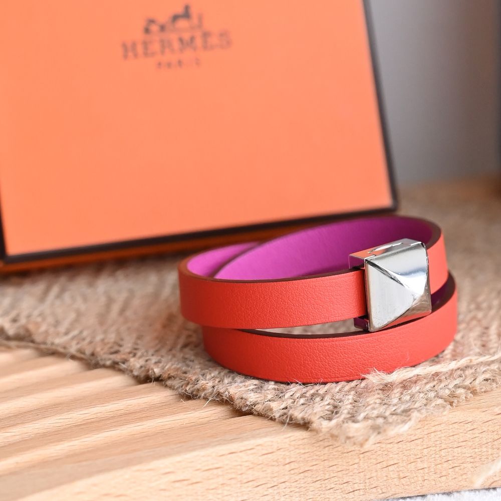 HERMES HERMES MEDOR INFINI 皮革雙圈雙面手環(銀/紫紅)