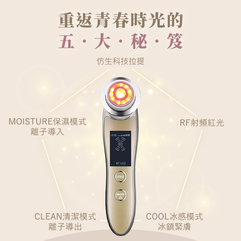 重返青春時光的五大·秘·笈仿生科技拉提MOISTURE保濕模式離子導入CLEAN清潔模式離子導出 LEVEL RF LEDLEVELMODERF射頻紅光COOL冰感模式冰鎮緊膚