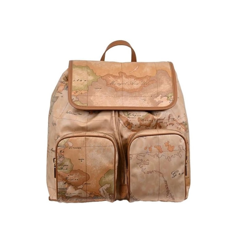 Alviero Martini 義大利地圖包 PU尼龍翻蓋雙口袋後背包30cm-地圖黃 