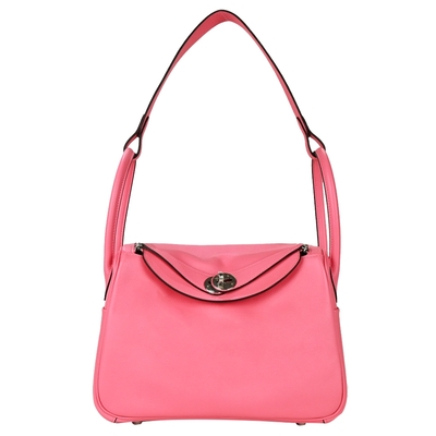 HERMES 愛馬仕 Lindy 26CM Evercolor Laiton A刻 牛皮轉釦手提/肩背兩用包(8W杜鵑桃粉/銀釦)