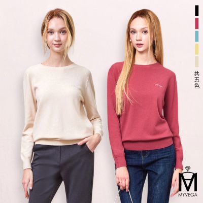 MYVEGA麥雪爾 MA圓領羊毛logo燙鑽無縫針織上衣-共五色