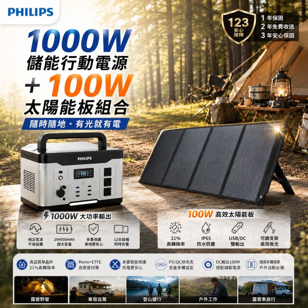 PHILIPS 飛利浦 1000W儲能行動電源+100W太陽能充電板 DLP8092C+DLP8843C【超值優惠組】