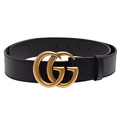 GUCCI 古馳 經典仿舊金色金屬雙G LOGO滑面小牛皮窄版釦式腰帶/皮帶(黑)