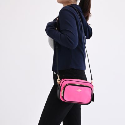 COACH 經典馬車LOGO拉鍊斜背相機包(螢光粉)