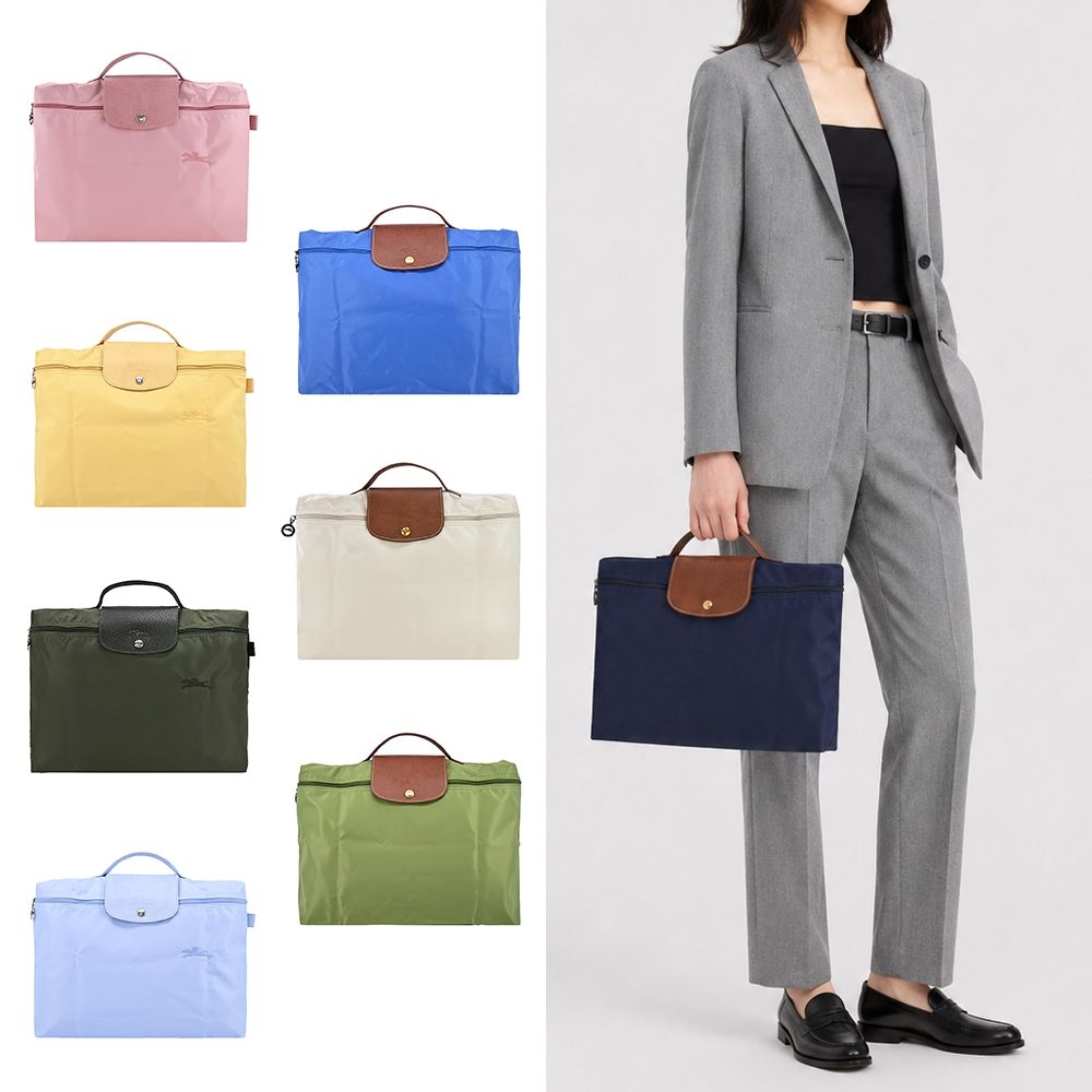 LONGCHAMP 原創/刺繡系列再生尼龍手提小型摺疊公事包(多色選)