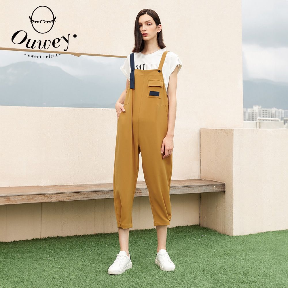OUWEY歐薇 活力跳色工裝感口袋九分吊帶褲(芥黃色；S-L)3222167621