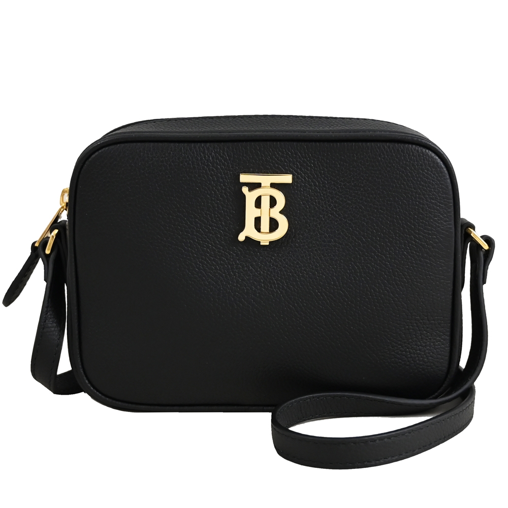 BURBERRY 巴寶莉經典TB LOGO荔枝牛皮斜背拉鍊相機包(黑/金) | 歐系精品