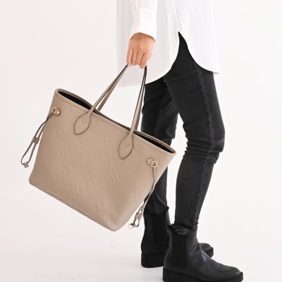 LOUIS VUITTON路易威登 LV M45686 NEVERFULL MM 經典押花牛皮束口購物包/托特包(斑鳩灰)