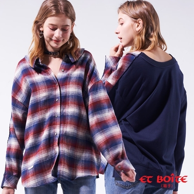 ET BOîTE 箱子 BLUE WAY - 雙面穿格子拼接長袖TEE(藏青)