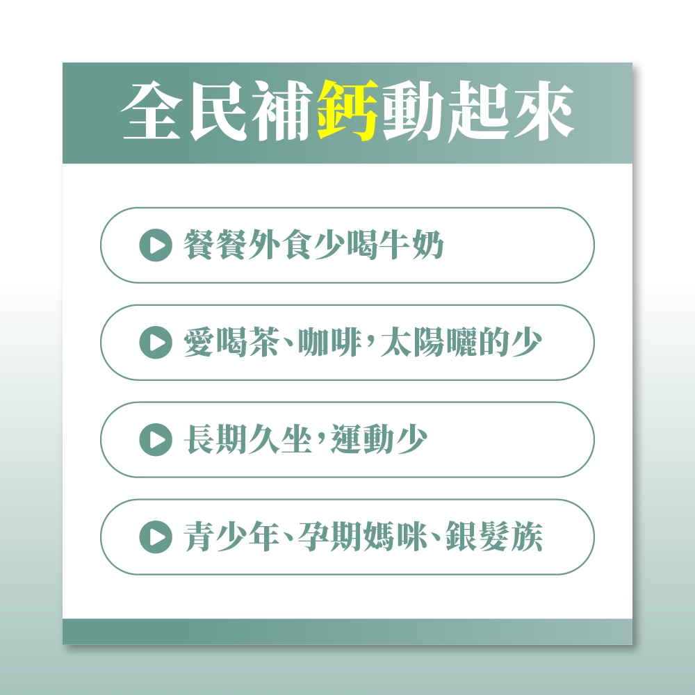 全民補鈣動起來 餐餐外食少喝牛奶愛喝茶咖啡,太陽曬的少 長期久坐,運動少 青少年、孕期媽咪、銀髮族