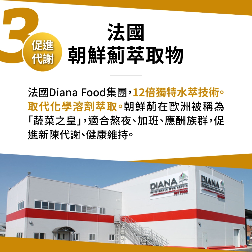 促進法國 朝鮮薊萃取物代謝法國Diana Food集團12倍獨特水萃技術取代化學溶劑萃取。朝鮮薊在歐洲被稱為「蔬菜之皇,適合熬夜、加班、應酬族群,促進新陳代謝、健康維持。DIANADIANA