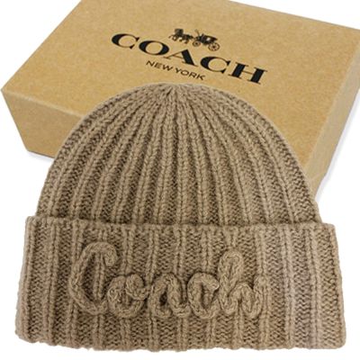 COACH 字母LOGO混羊毛保暖毛帽附禮盒(灰棕)