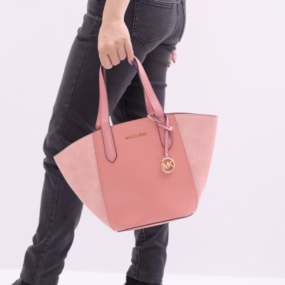 MICHAEL KORS PORTIA 絨面革拼接素色托特包(柔粉/小)