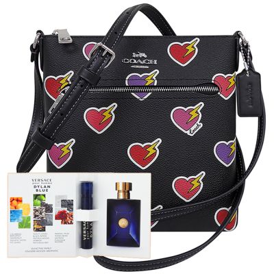 COACH 黑色愛心圖樣PVC斜背包+VERSACE 品牌經典隨身小香水