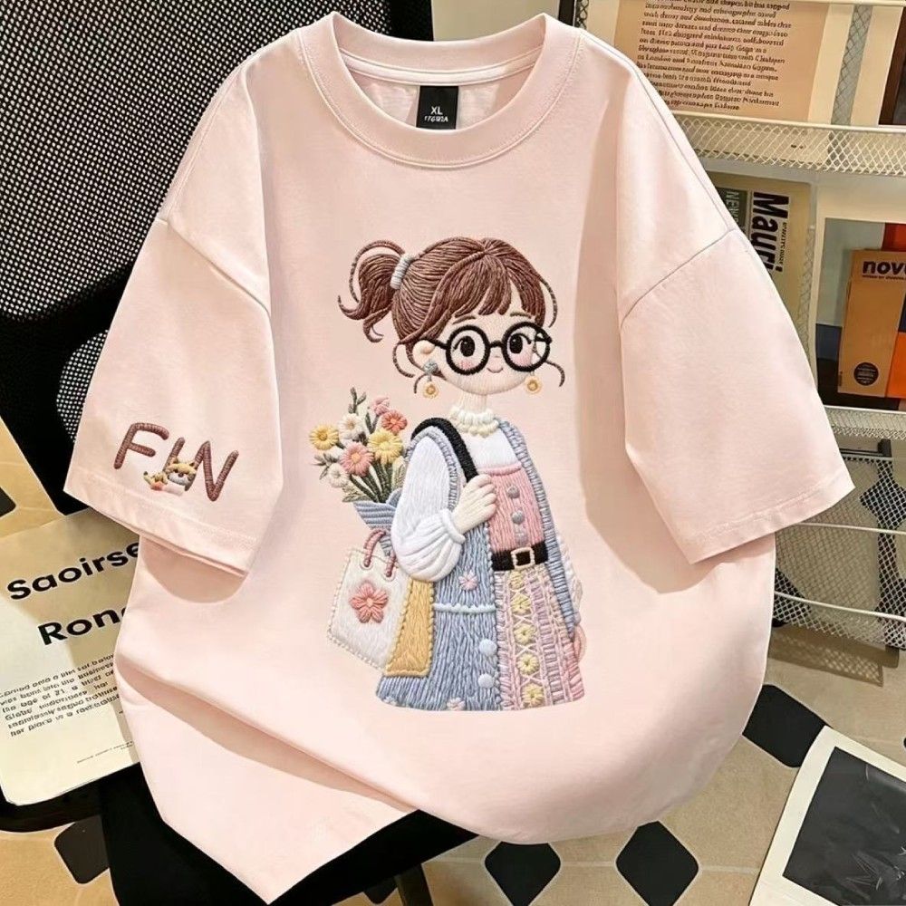 【LANNI 藍尼】★卡通女孩印花寬鬆圓領T恤(女裝/短袖上衣/休閒/百搭/日系/通勤) (粉)