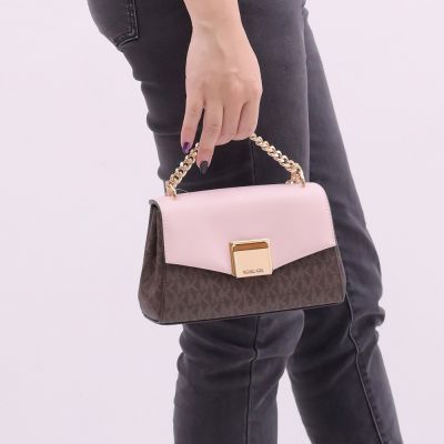 MICHAEL KORS LITA 經典印花拼接金屬鎖扣造型迷你兩用包(深咖/粉)
