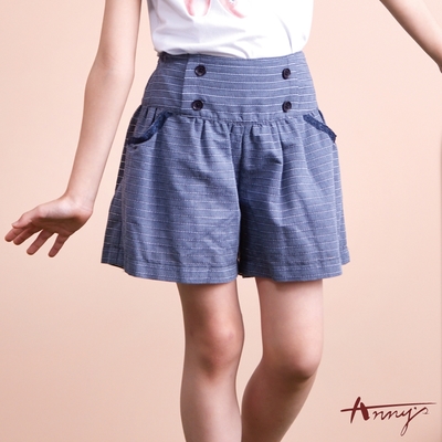 Annys安妮公主-質感細紋口袋花邊排釦造型春夏款鬆緊褲裙*1186藍色