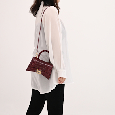 BALENCIAGA巴黎世家 BALENCIAGA 巴黎世家 Hourglass XS 鱷魚壓紋小牛皮手提兩用迷你沙漏包(酒紅)