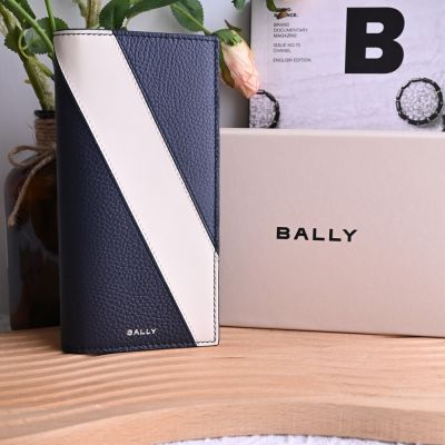 BALLY LGO燙印LOGO斜紋荔枝紋皮革對開長夾(深藍)