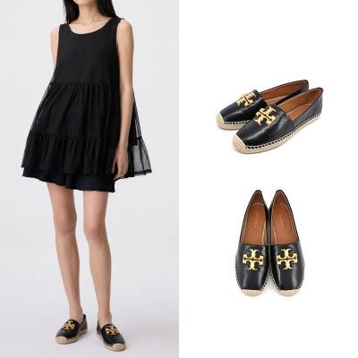 TORY BURCH ELEANOR 金字LOGO牛皮草編平底鞋(黑)