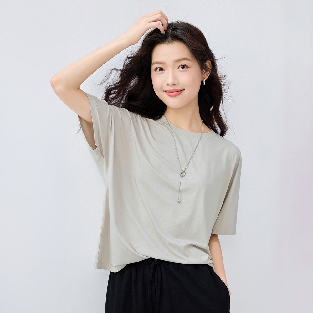 GIORDANO 女裝圓領落肩短袖上衣 (06 銀雲色)