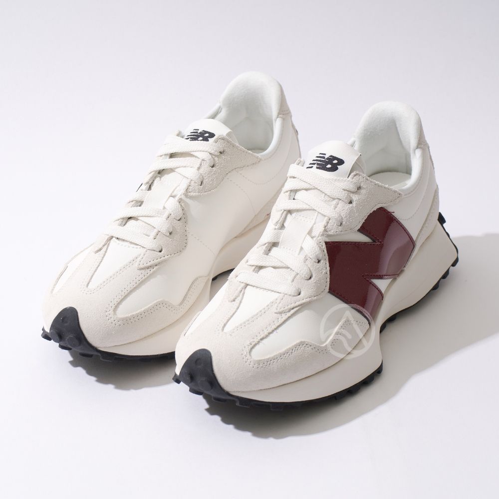 New Balance 327 女鞋米白酒紅色復古皮革麂皮拼接耐磨運動鞋休閒鞋