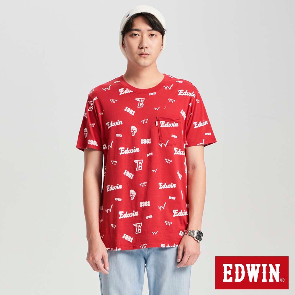 EDWIN 男裝 口袋滿版印花短袖T恤-紅色