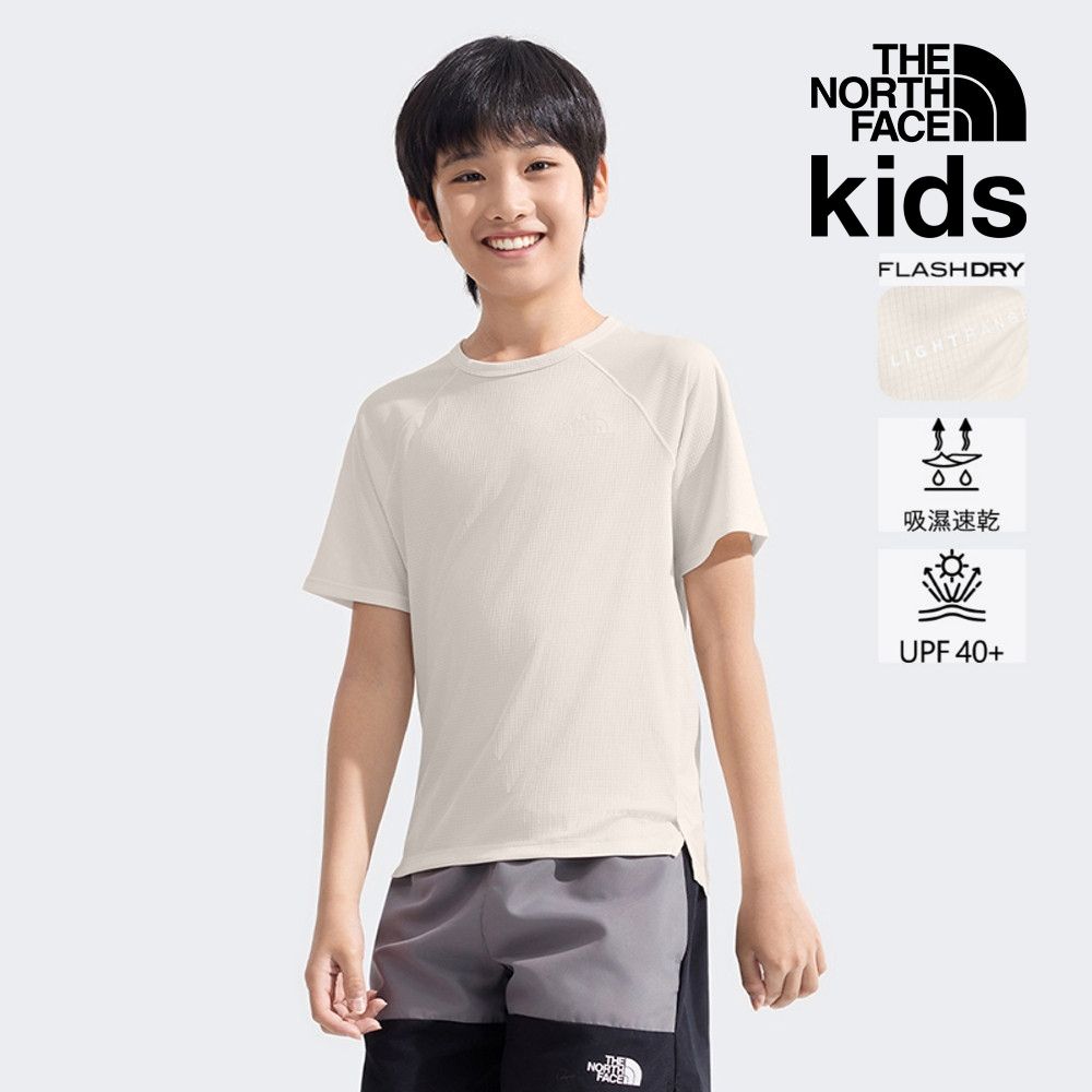 【The North Face 官方旗艦】 北面兒童米白色UPF防曬短袖T恤｜8BMXQLI 抗UV