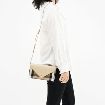 BURBERRY 巴寶莉  HANNAH 經典棉麻格紋拼接牛皮信封式多卡翻蓋斜背包/WOC(象牙白)