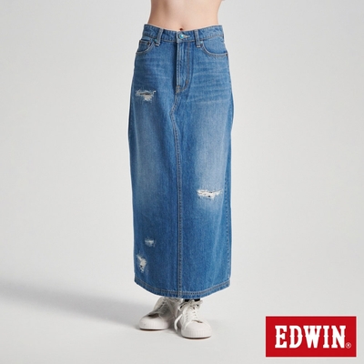 EDWIN 女裝 BLUE TRIP 磨破修身丹寧長裙-石洗藍
