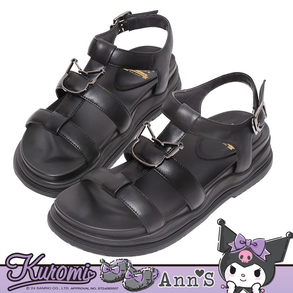 Ann’S X Sanrio三麗鷗 Kuromi酷洛米聯名 大頭金屬三條帶 真皮小香厚底涼鞋4cm-黑