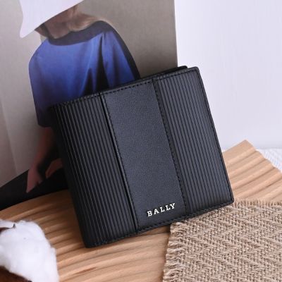 BALLY LYIES 金屬LOGO直線壓紋裝飾牛皮4卡零錢短夾(黑)