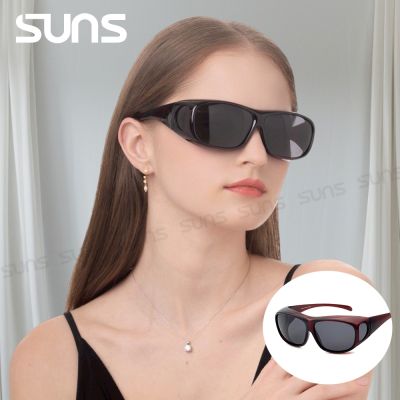 【SUNS】全包覆式偏光太陽眼鏡/套鏡 酒紅框 抗藍光+抗UV400/防眩光/可單戴/可套式