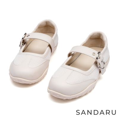 山打努SANDARU-瑪莉珍 拼接皮帶扣休閒瑪莉珍鞋-米白