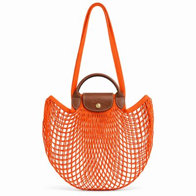LONGCHAMP LE PLIAGE FILET系列網狀棉質手提/肩背兩用包(大/柳橙)