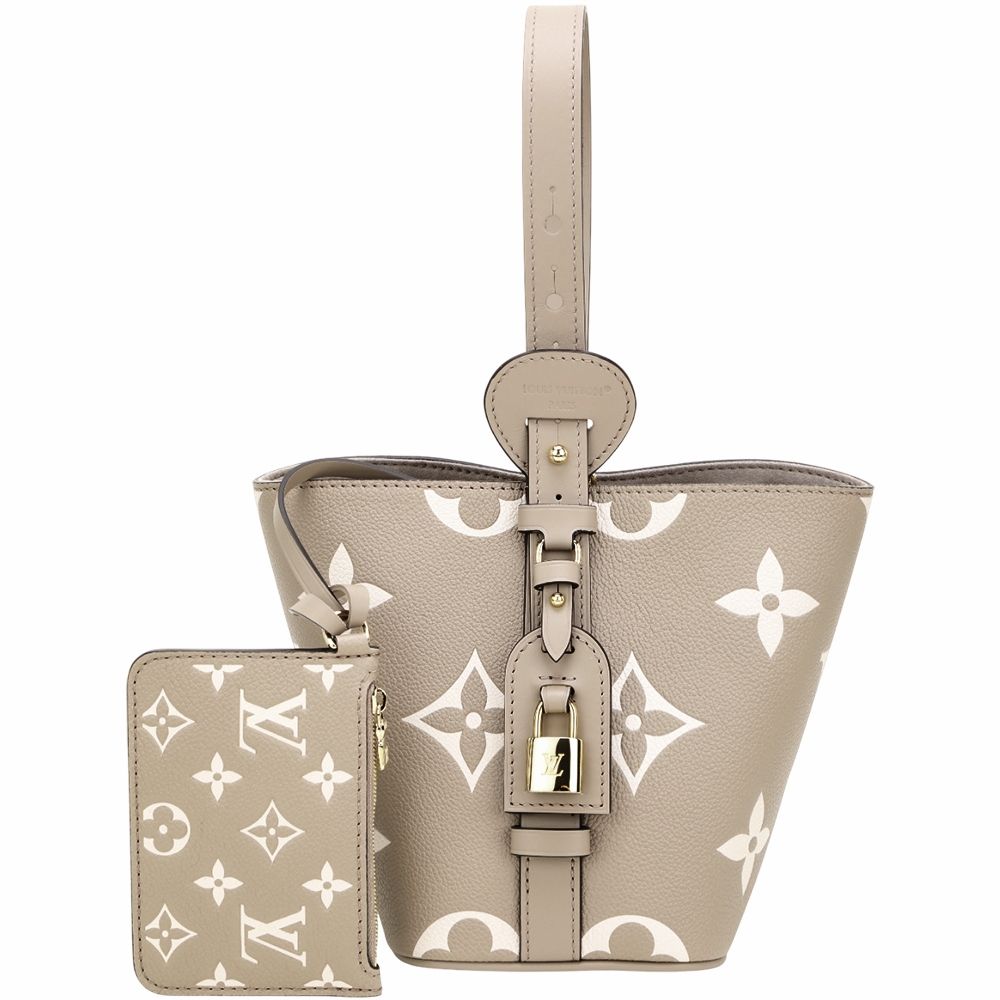 Louis Vuitton LV 路易威登 M13045 All In BB 押花粒面牛皮鎖頭吊飾多揹法水桶包(附萬用包/斑鳩灰)