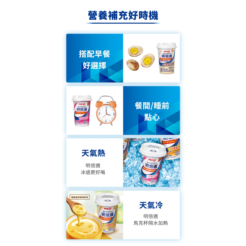 營養補充好時機搭配早餐meiji明倍適好選擇meiji明倍適936餐間/睡前點心天氣熱明倍適冰過更好喝玉米203meiji明倍適|圖案僅供調理參考meiji明倍適天氣冷明倍適馬克杯隔水加熱