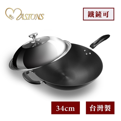 MASIONS美心 鈦極鍋 34CM厚釜鑄造複合金不沾炒鍋炒菜鍋(贈316鍋鏟)(單柄/不鏽鋼蓋 臺灣製造)