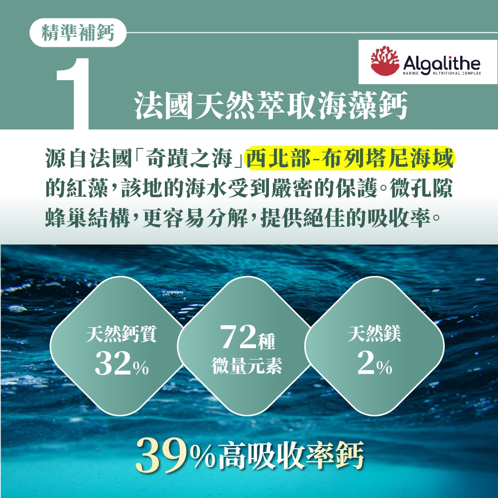 精準補鈣 法國天然萃取海藻鈣1AlgalitheNUTRITIONAL COMPLEX源自法國「奇蹟之海西北部-布列塔尼海域的紅藻,該地的海水受到嚴密的保護。微孔隙蜂巢結構,更容易分解,提供絕佳的吸收率。天然鈣質72天然32%微量元素2%39%高吸收率鈣