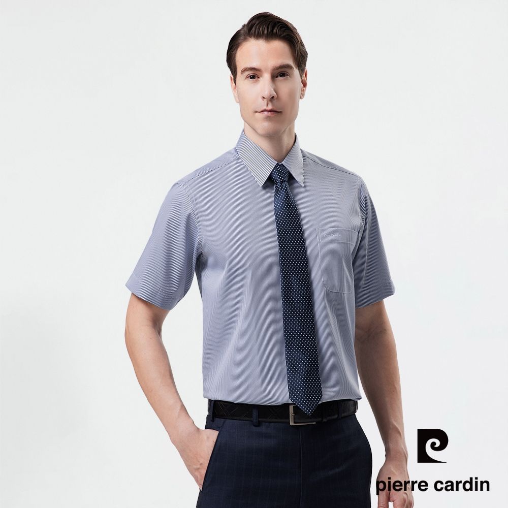 pierre cardin 皮爾卡登 男襯衫 抗皺舒適棉混紡舒適耐磨商務條紋短袖襯衫_共2色(42251) (灰底黑細條色系)