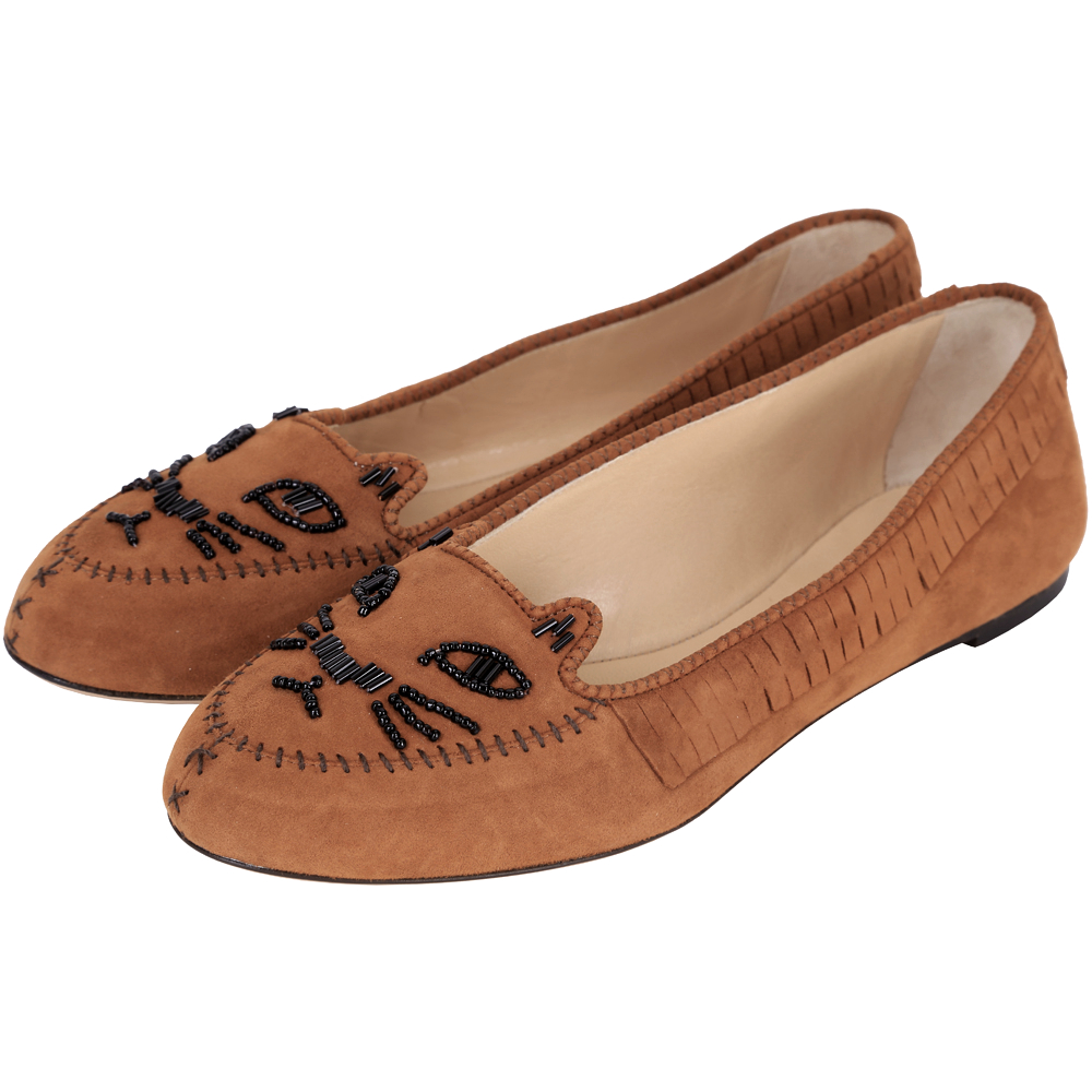 Charlotte Olympia Kitty 麂皮串珠飾貓咪平底鞋(棕色) | 精品服飾/鞋子