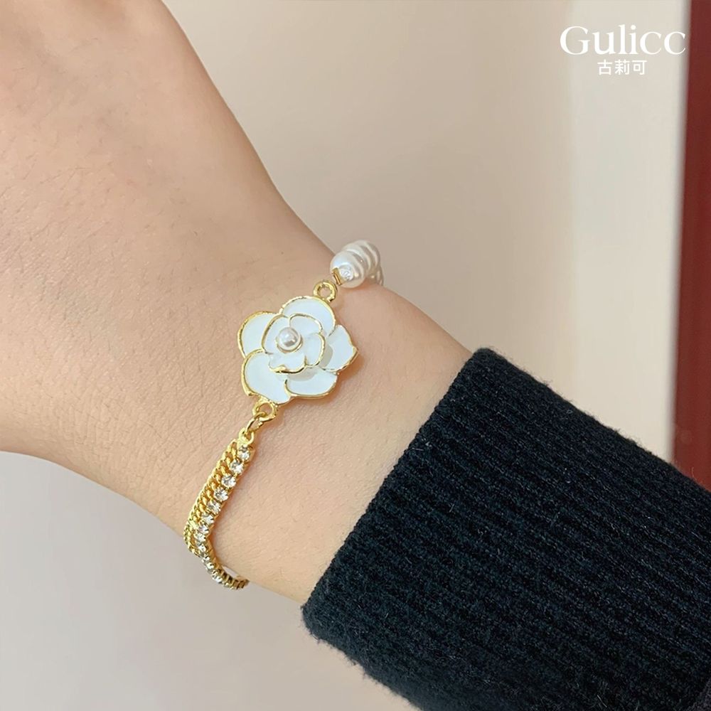 Gulicc 古典 山茶花 珍珠 手鍊(七夕情人節 輕奢 手鍊 手環 手繩 韓系 首飾 飾品 珍珠 生日禮物 )
