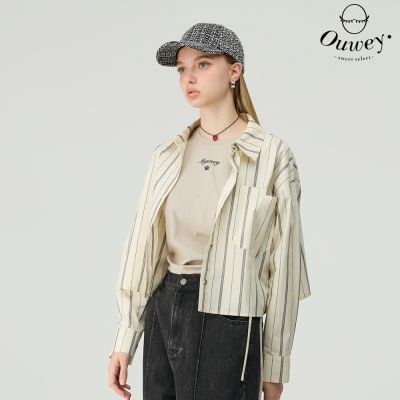 OUWEY歐薇 條紋棉質短版襯衫(杏；S-L)